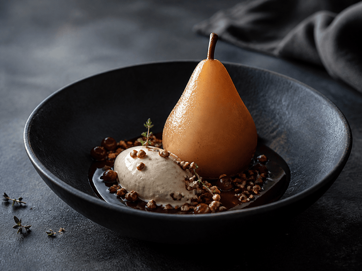 Ravfarvet ciderpocheret pære i midnatsblå skål med mørk chokoladesauce, vaniljeskyris, boghvede-hasselnøddebrittle, tyttebær og citrontimian